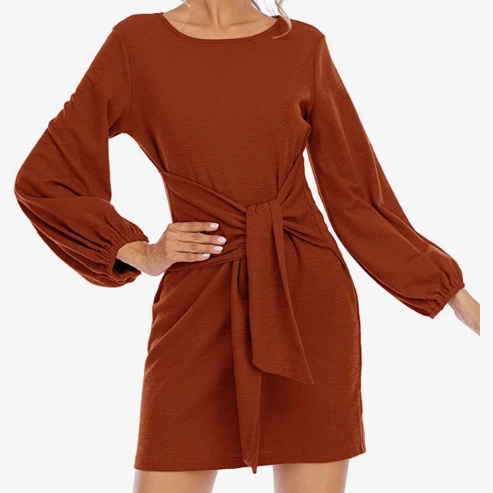 R.Vivimos Brown Burnt Orange Autumn Winter Cotton Long Sleeves Tie Waist